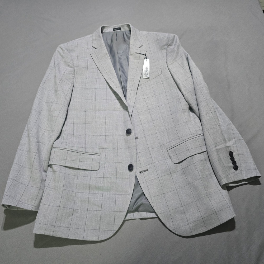 J. Ferrar Sport Coat Mens 42R Light Grey Slim Fit Windowpane Stretch Blazer